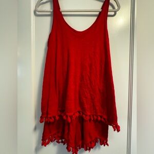 Michael Stars Red Sleeveless Romper with Pom-Pom Trim